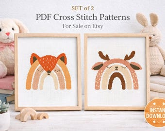 Fox Rainbow & Deer Rainbow Cross Stitch Pattern Bundle: Easy Nursery Decor (digitaal pdf-bestand)