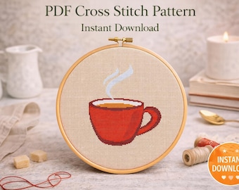 Red Cup Cross Stitch Pattern: Beginner Kitchen Decor (PDF)