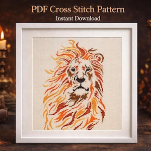 Lion Cross Stitch Pattern: Wild Animal, Monochrome Design (Digital file PDF)