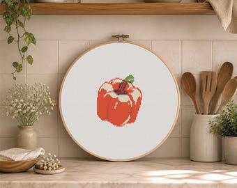 Rode paprika kruissteekpatroon voor beginners, mini kruissteek groente, keukendecor, voedselborduurwerk, pdf direct downloaden