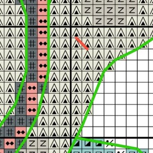May include: A cross stitch pattern featuring a range of symbols, including triangles, squares, and arrows. The pattern is in black and white on a white background.
