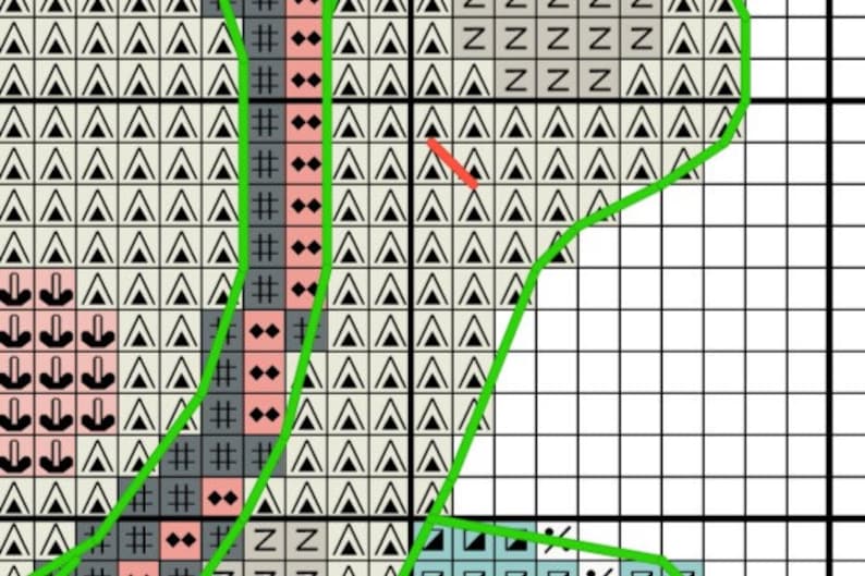 May include: A cross stitch pattern featuring a range of symbols, including triangles, squares, and arrows. The pattern is in black and white on a white background.
