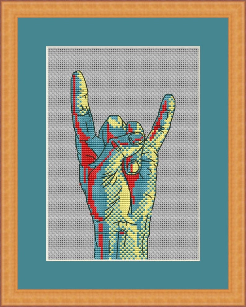 Kreuzstich Stickmuster Hand in Heavy metal hörner Cooles Kreuzstichschild Menschen Geste Stickdatei Design Digitales Format PDF Bild 6