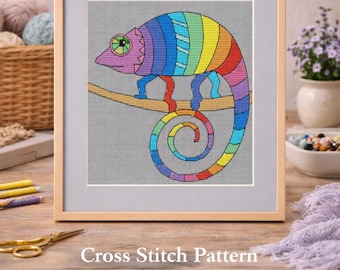 Rainbow Chameleon Cross Stitch Pattern: Colorful Reptile (Digital file pdf)
