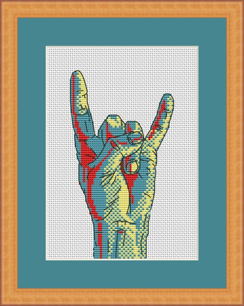 Kreuzstich Stickmuster Hand in Heavy metal hörner Cooles Kreuzstichschild Menschen Geste Stickdatei Design Digitales Format PDF Bild 8