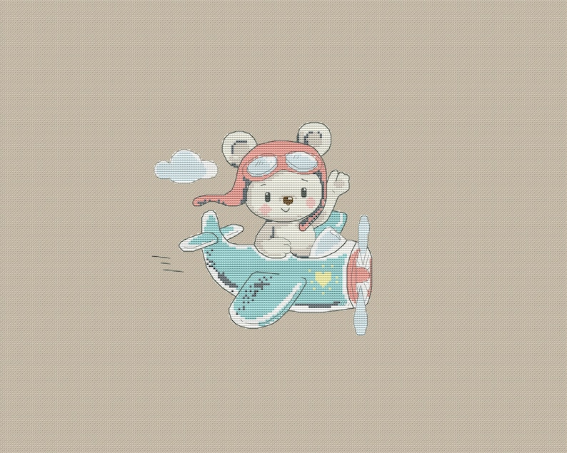 May include: A white teddy bear wearing a red pilot's hat and goggles flies a blue aeroplane with a yellow heart on the side. The aeroplane has a propeller and a cloud behind it.