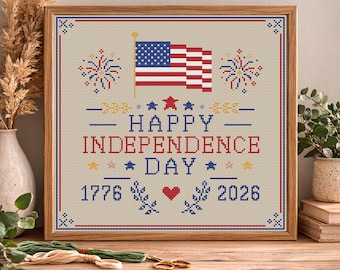 Kruissteekpatroon Independence Day of America, 250e verjaardag Verenigde Staten 1776–2026, patriottische Amerikaanse sampler, vlag VS