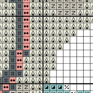 May include: A cross stitch pattern with a geometric design featuring black triangles, grey squares, and pink and grey diamonds. The pattern includes the text "%".