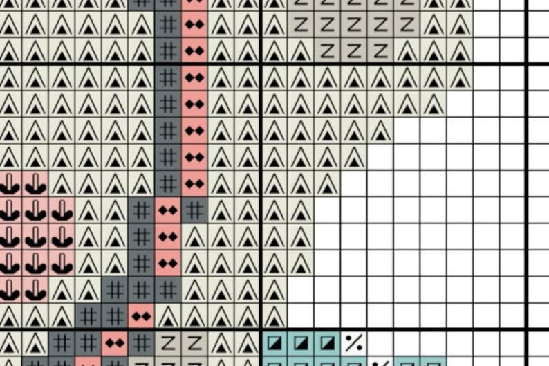 May include: A cross stitch pattern with a geometric design featuring black triangles, grey squares, and pink and grey diamonds. The pattern includes the text "%".