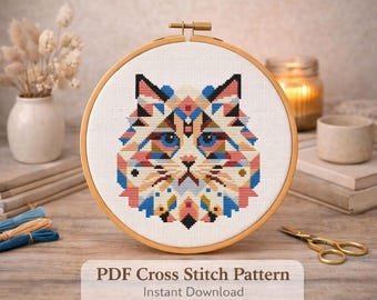 Geometrisch kattenkruissteekpatroon, modern dierenontwerp (pdf-patroon)