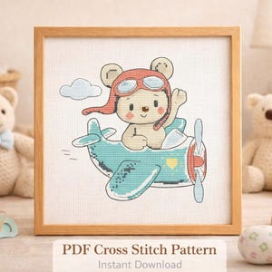 Bear Pilot Cross Stitch Pattern, Cute Nursery Embroidery (Digital File PDF) image 1