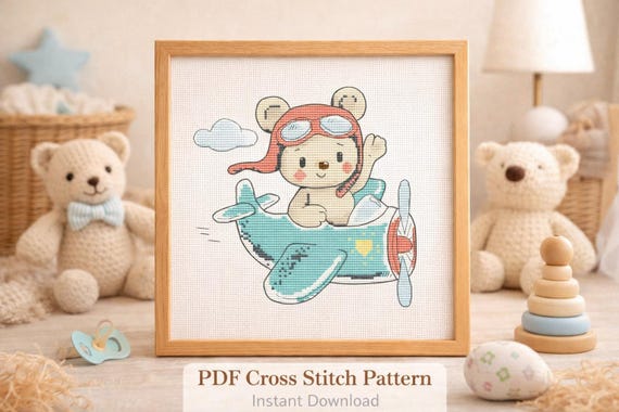 Bear Pilot Cross Stitch Pattern, Cute Nursery Embroidery (Digital File PDF)