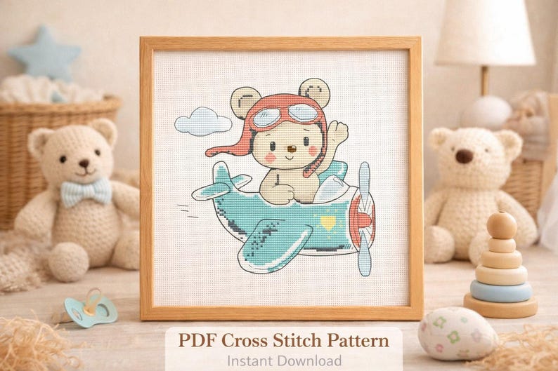 Bear Pilot Cross Stitch Pattern, Cute Nursery Embroidery (Digital File PDF) image 1