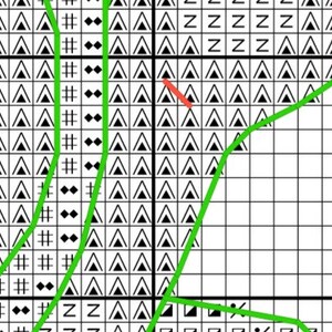 May include: A black and white cross stitch pattern with green lines outlining the design. The pattern features a variety of shapes, including triangles, squares, and diamonds.