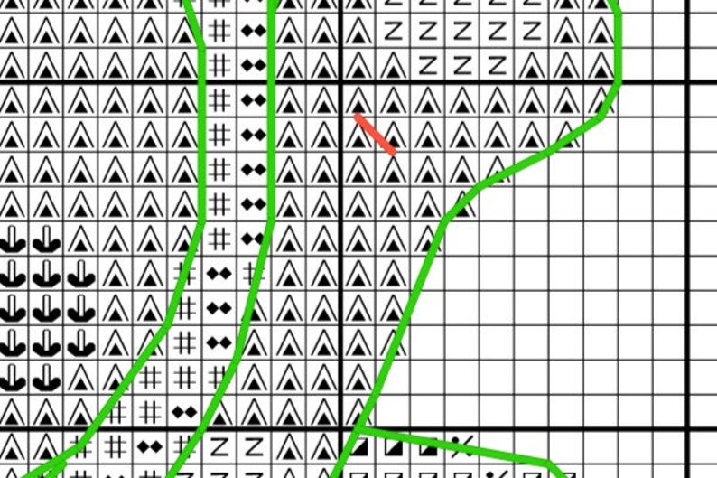 May include: A black and white cross stitch pattern with green lines outlining the design. The pattern features a variety of shapes, including triangles, squares, and diamonds.