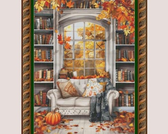 Herfstbibliotheek kruissteekpatroon, herfstvensterlandschap (pdf-download)