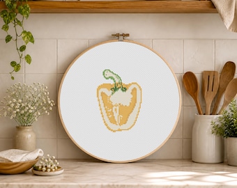 Gele paprika kruissteekpatroon voor beginners, mini kruissteek groente, keukendecor, voedselborduurwerk, pdf direct downloaden