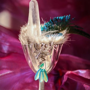 Baby Shower Gift Crystal Silver Egg Cup - Fairy Animal Totem, Rabbit Fur, Quartz, Czech Glass Beads, Peacock Feather