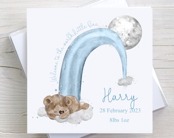 Personalised New Baby Boy Card, Blue Rainbow Card, Teddy Bear Card for Baby Boy, Baby Girl, New Parents Card