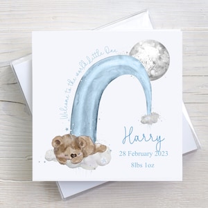 Carte personnalisée nouveau bébé garçon, carte arc-en-ciel bleu, carte ours en peluche pour bébé garçon, petite fille, carte nouveaux parents