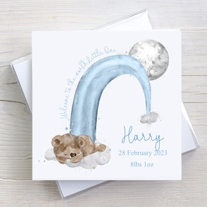 Personalised New Baby Boy Card, Blue Rainbow Card, Teddy Bear Card for Baby Boy, Baby Girl