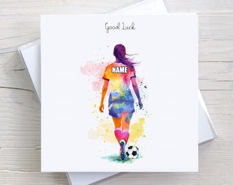 Personalised Good Luck Card Girl Football Player, Daughter, Granddaughter, Niece, Mum