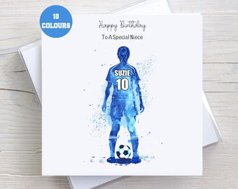 Personalised Birthday Card Girl Football Player, Female Football Card, Daughter, Granddaughter, Niece, Mum