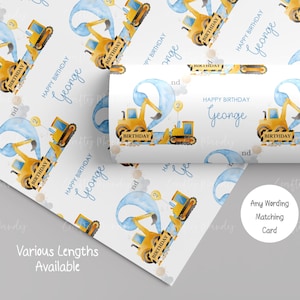 May include: Wrapping paper featuring a repeating watercolor pattern of yellow construction excavators, blue number twos, and beige balloons. The text reads Happy Birthday George and 2nd. A circular white label displays Any Wording Matching Card.