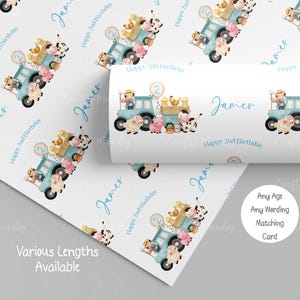 Papier cadeau personnalisé bleu tracteur pour garçons et filles, papier cadeau anniversaire tracteur de basse-cour, animaux de la ferme, fils, petit-fils, neveu