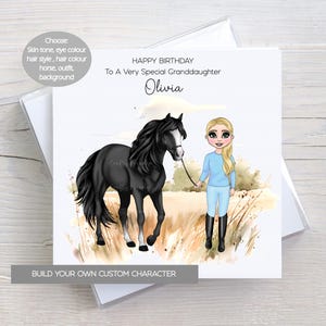 Carte personnalisée fille et poney, créez votre propre carte personnalisée, carte d'anniversaire personnalisée fille et son cheval pour les filles