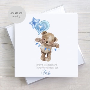 Carte de premier anniversaire personnalisée pour fils, petit-fils, neveu, frère, bruant en peluche, 1er anniversaire, tout âge et toute formulation