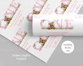 Personalised Teddy Bear Girls 1st Birthday Wrapping Paper, Teddy Bear Gift Wrap for Granddaughter, Daughter, Niece, Sister, First Birthday