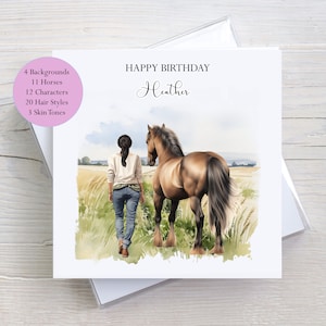 Carte d'anniversaire cheval, créez votre propre carte personnalisée, carte d'anniversaire personnalisée fille et son cheval, amoureux des chevaux