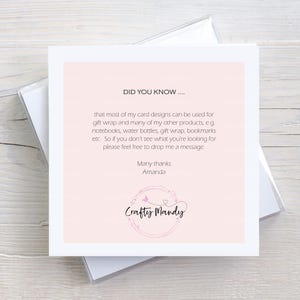 May include: A pink card with the text "DID YOU KNOW..." and a message about the artist's other products. The card also includes the artist's name and logo, "Crafty Mandy", in a pink circle with a butterfly.