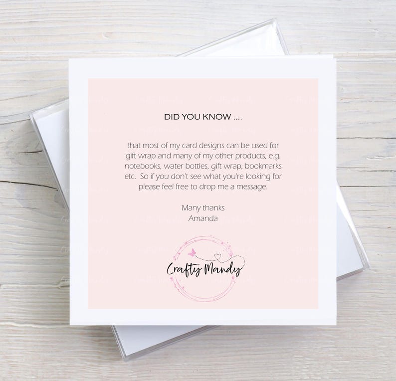 May include: A pink card with the text "DID YOU KNOW..." and a message about the artist's other products. The card also includes the artist's name and logo, "Crafty Mandy", in a pink circle with a butterfly.