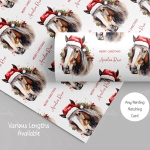Personalised Horse Christmas Wrapping Paper for Boys and Girls, Santa Hat Horse Gift Wrap for Son, Daughter, Grandson, Granddaughter