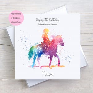 Carte d'anniversaire personnalisée fille et poney, carte colorée d'équitation pour petite-fille, nièce, fille, pour elle