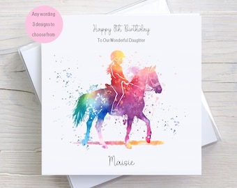 Personalised Birthday Card Girl and Pony, Colourful Horse Riding Card for Granddaughter, Niece, Daughter, for Her