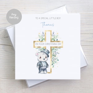 Carte de baptême personnalisée pour garçon, ours en peluche, carte de baptême, filleul, neveu, petit-fils, fils