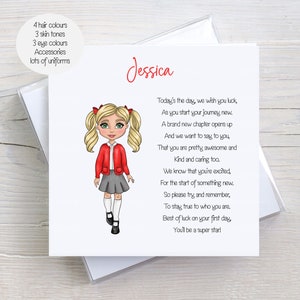 Carte personnage personnalisé premier jour à l'école pour fille, petite-fille, carte personnalisée filles, carte poème scolaire