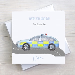 Carte d'anniversaire personnalisée de voiture de police pour filles et garçons, carte de véhicules d'urgence, carte pour fille, petite-fille, fils, petit-fils