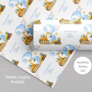 Personalised Construction 3rd Birthday Gift Wrap for Boys, 3 Today,  Digger Theme, Son, Grandson, Nephew, Boys Digger Wrapping Paper