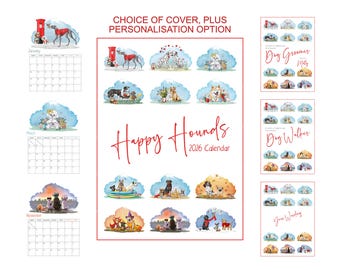 May include: A watercolor calendar featuring various dog breeds in whimsical scenes. The calendar includes the text "Happy Hounds 2026 Calendar" and offers personalization options. Additional text includes "Dog Groomer", "Dog Walker", and "Joe Wortag".