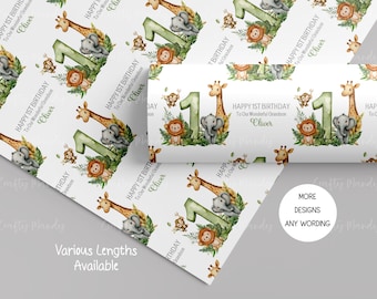 Personalised 1st Birthday Safari Gift Wrap, First Birthday Wrapping Paper, Safari Animals, Jungle Theme, Boys and Girls