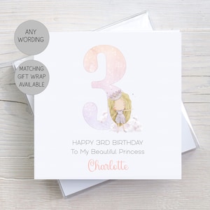 Personalised Princess Birthday Card For Girls, Princess Numbers, Birthday Card for Granddaughter, Niece, Daughter for Young Girls, 1 to 9