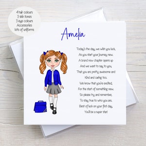 Carte personnage personnalisé premier jour à l'école pour fille, petite-fille, carte personnalisée fille, carte poème, uniforme scolaire bleu