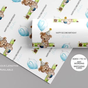 Papier cadeau personnalisé, fête d'anniversaire ours en peluche, 1er, 2e, 3e, 4e, 5e anniversaire, tout âge, toute formulation pour garçons et filles, carte assortie