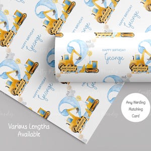 Emballage cadeau personnalisé pour carte de construction 2e anniversaire pour garçons, 2 aujourd'hui, thème Digger, fils, petit-fils, neveu, papier cadeau pour garçons