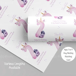 Papier cadeau d'anniversaire personnalisé numéro licorne pour fille, petite-fille, fille, nièce, filleule, jeune fille, papier cadeau licorne