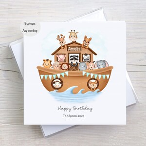 Carte d'anniversaire Arche personnalisée pour fille, petite-fille, nièce, soeur, animaux de safari, animaux de la ferme, tous âges et toutes expressions